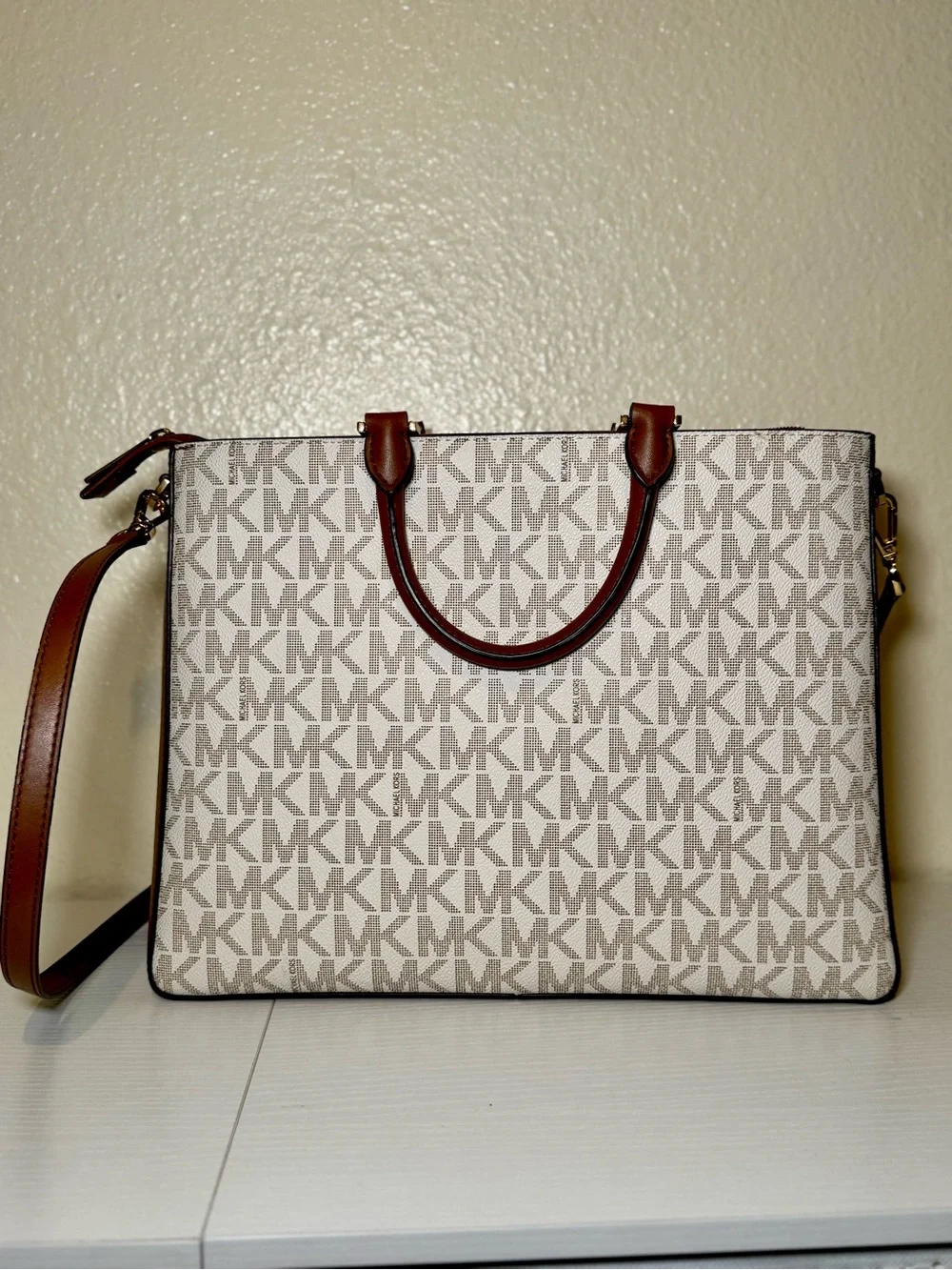 Michael Kors Brown and White Signature MK Satchel